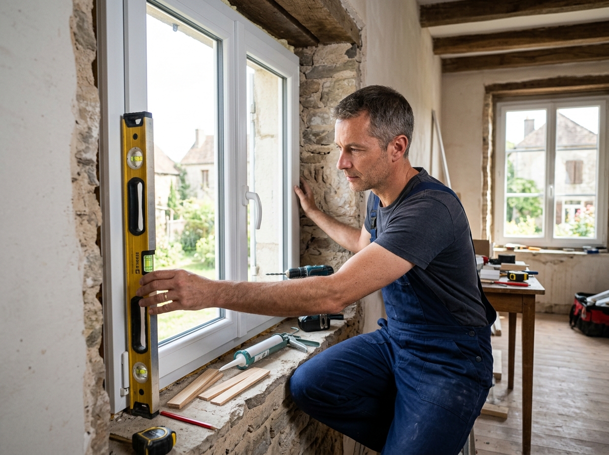 Artisan OBM posant une fenêtre PVC